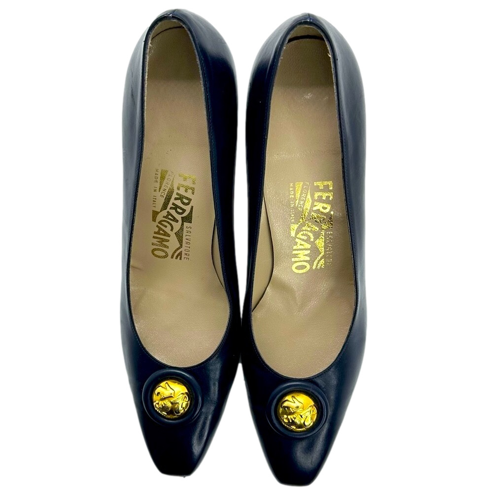 Vintage Salvatore Ferragamo Navy Pumps Leather Block Heels Gold Accent Size 8.5